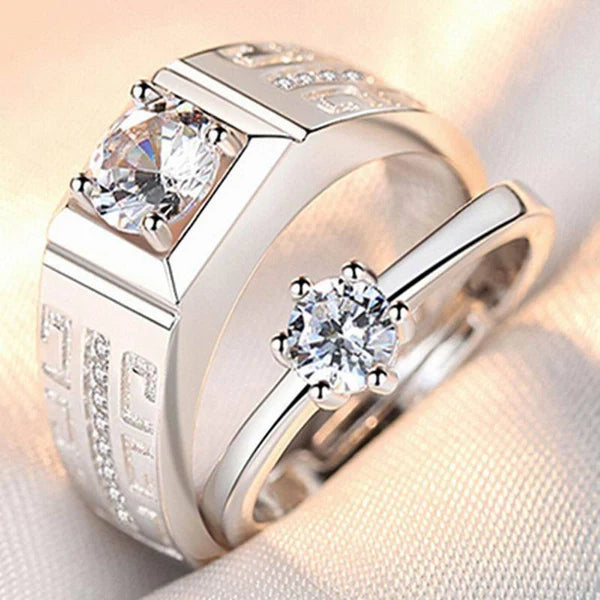 Silver plated American diamonds studded classic adjustable couple rings