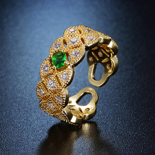 Crystal Verde – Gold Plated Crystal Studded Contemporary Green Stone Adjustable Finger Ring