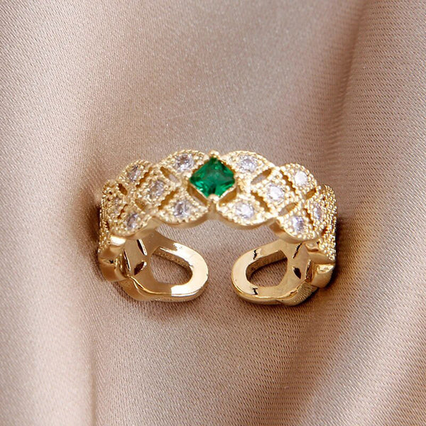 Crystal Verde – Gold Plated Crystal Studded Contemporary Green Stone Adjustable Finger Ring