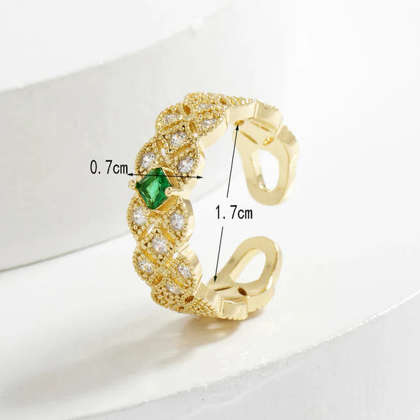 Crystal Verde – Gold Plated Crystal Studded Contemporary Green Stone Adjustable Finger Ring