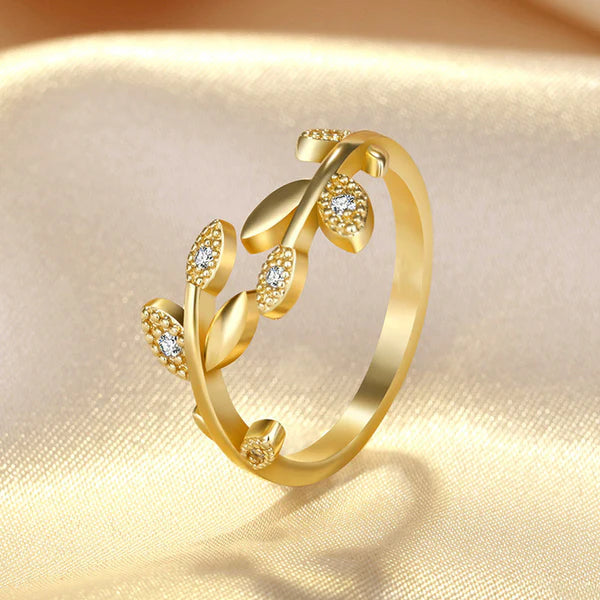 Golden Leaf – Gold Plated American Diamond Studded Leaf Inspired Contemporary Korean Finger Ring