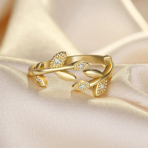 Golden Leaf – Gold Plated American Diamond Studded Leaf Inspired Contemporary Korean Finger Ring